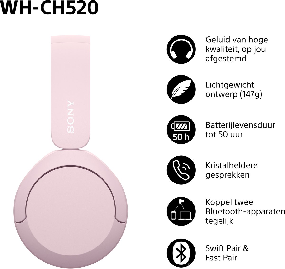 Afbeelding 3 van Sony WH-CH520 - Draadloze on-ear koptelefoon - Roze
