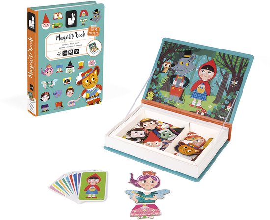 Un livre magnétique fermé et un livre ouvert avec des personnages de contes de fées, des cartes et des magnets détachés. La boîte montre un chat mousquetaire.