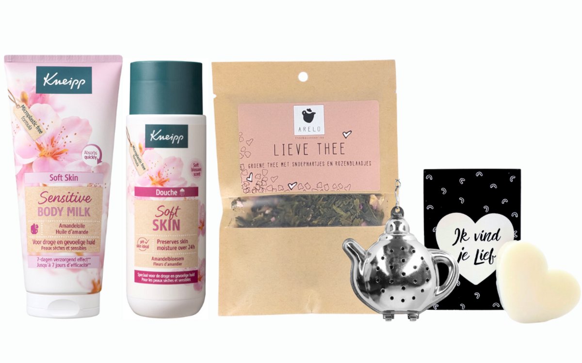 Kneipp Cadeauset Soft Skin Lief - Kneipp Body Milk 200 ml Soft Skin - Kneipp Douche 200 ml Soft Skin - ARELO Lieve Thee zakje