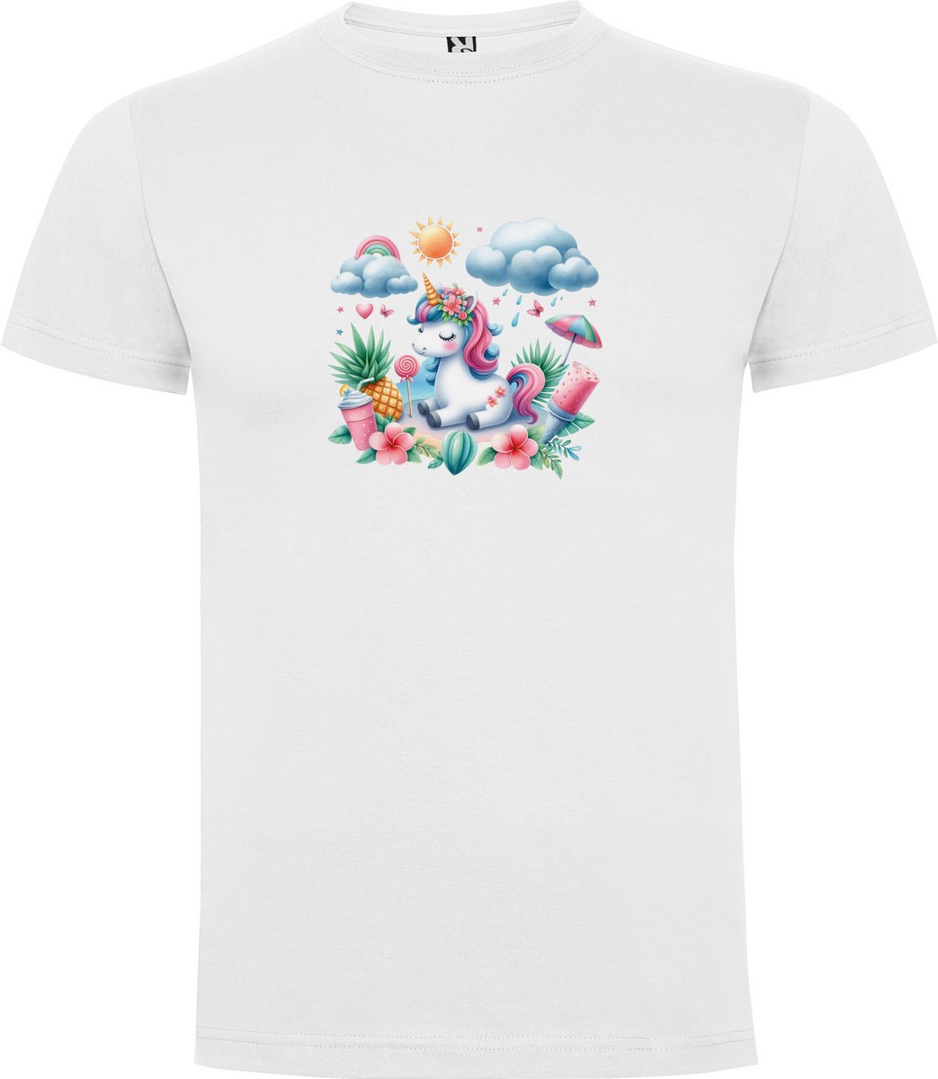 Wit T-Shirt met “Kleurrijke Prachtige Grote Eenhoorn met Ijsjes, Parasol, Zonnetje, Regenboog en glas Limonade “ Print Full Color maat 152 11/12 jaar