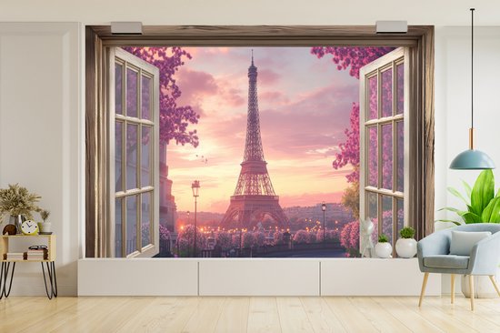 Behang - Fotobehang Doorkijk - Parijs - Eiffeltoren - Roze - Kersenbloesem - Breedte 390 cm x hoogte 260 cm