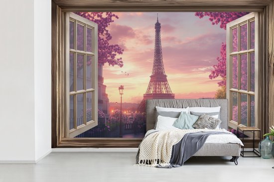 Behang - Fotobehang Doorkijk - Parijs - Eiffeltoren - Roze - Kersenbloesem - Breedte 390 cm x hoogte 260 cm