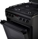 Zwart gasfornuis met open oven en dichtende bovenklep.
