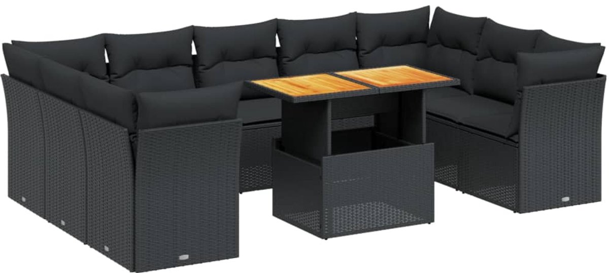 The Living Store 10-delige Loungeset met kussens poly rattan zwart - Loungebank - Tuinset - Lounge Set - Tuinmeubels - Buitendecoratie