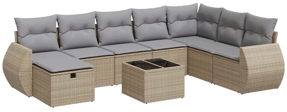 The Living Store 9-delige Loungeset met kussens poly rattan beige - Loungebank - Lounge Set - Tuinbank - Buitentijnen - Tuinmeubelen