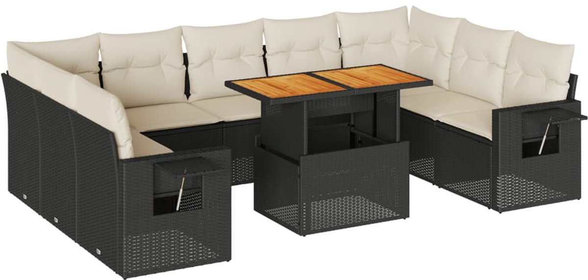 The Living Store zwarte poly rattan loungeset met kussens - Buitendecoratie