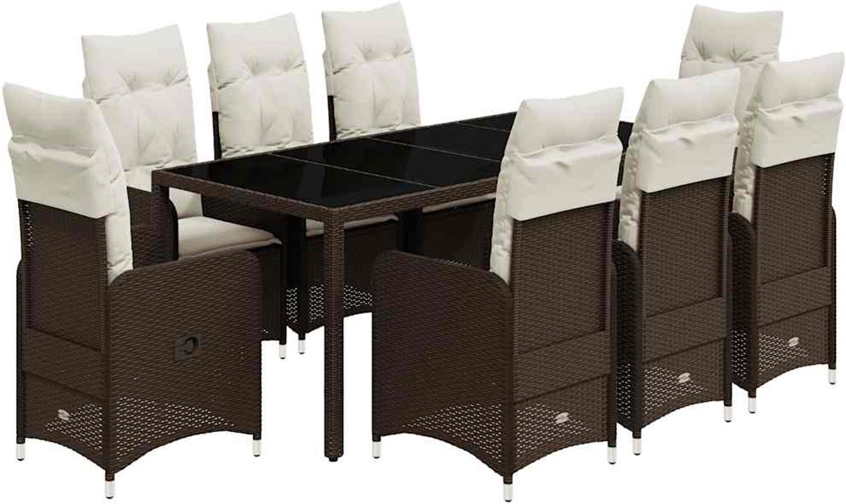 Bistroset met bruine poly rattan kussens en tuinstoelen - The Living Store.