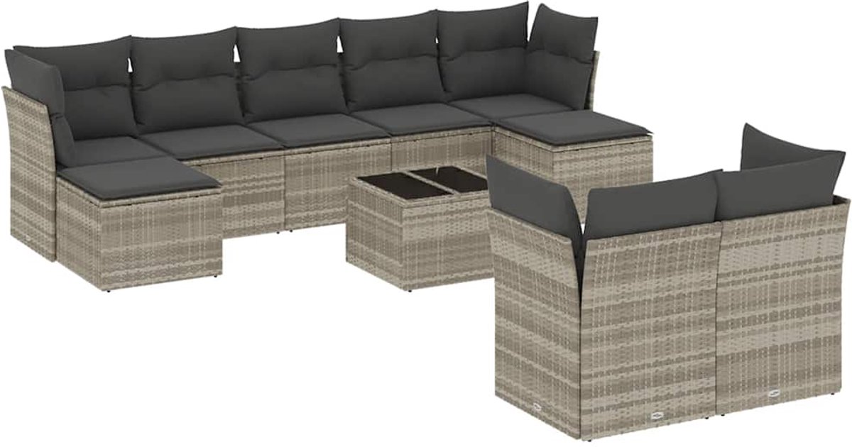 The Living Store 10-delige Loungeset met kussens poly rattan lichtgrijs - Loungebank - Tuinmeubels - Lounge Set - Buitendecoratie - Outdoor Furniture