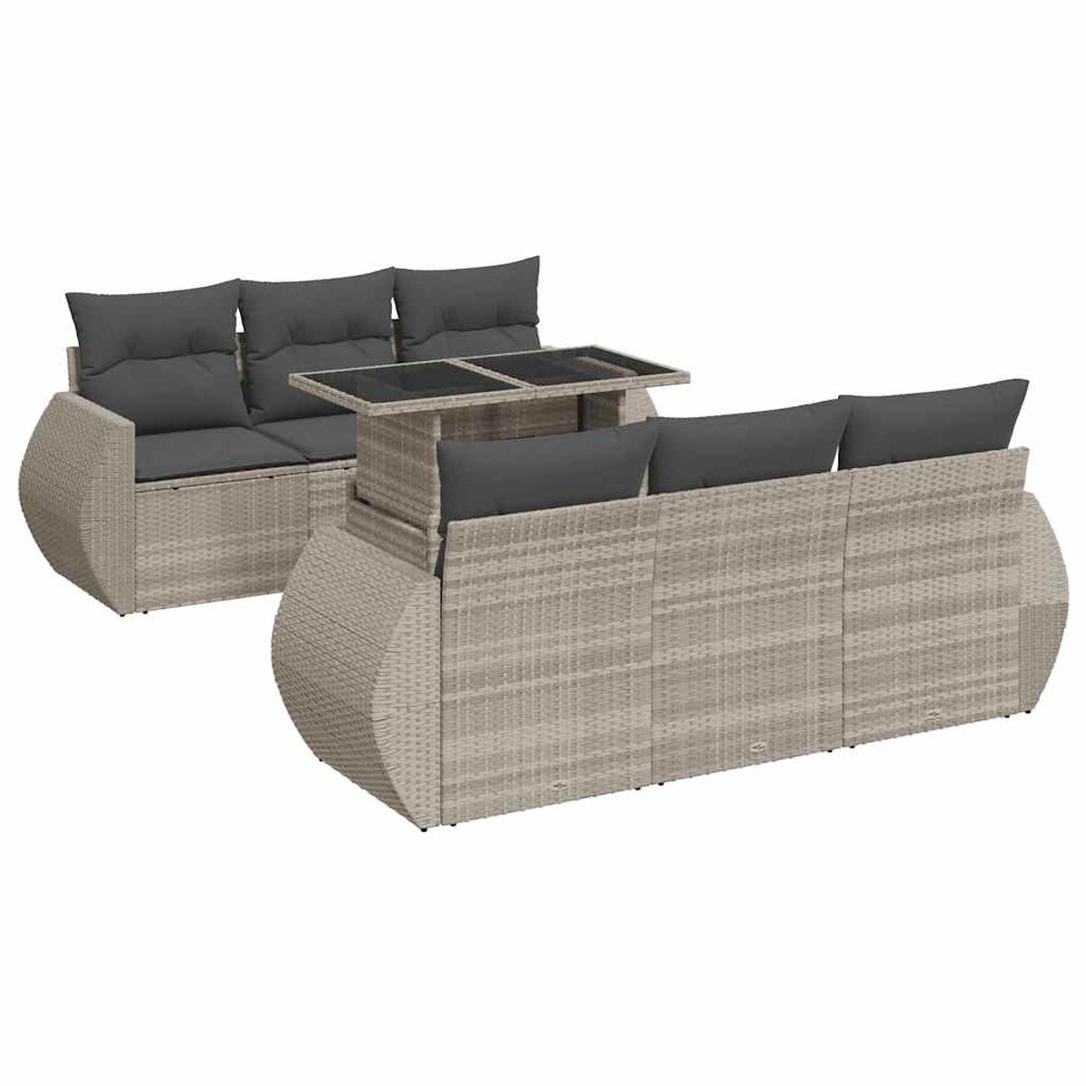 Poly rattan loungeset in lichtgrijs met kussens en loungebank.