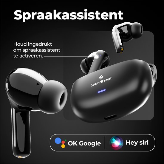 Zwarte draadloze oordopjes met oplaadcase, met Google Assistent en Siri-logo's.