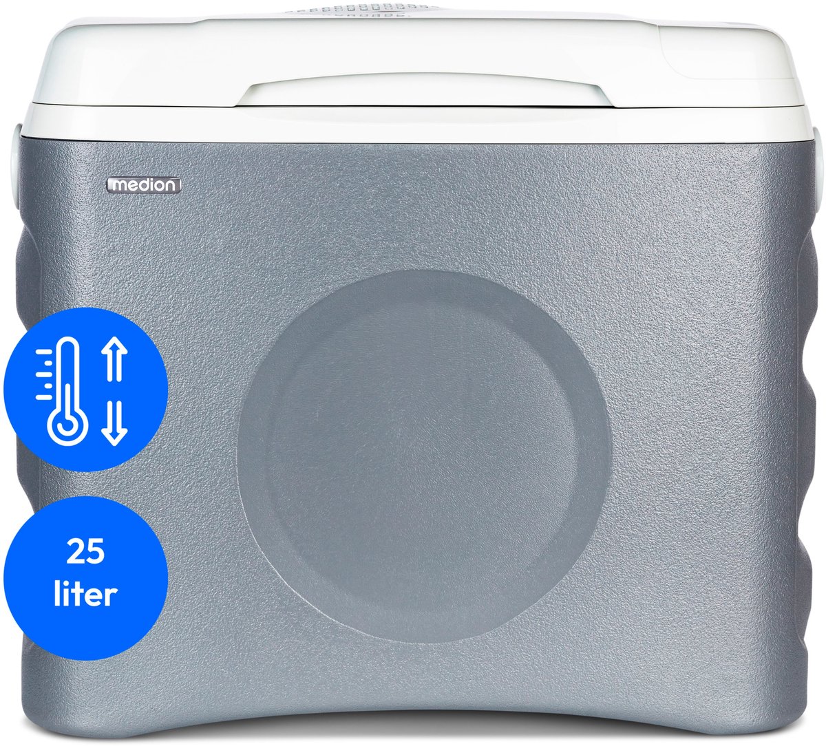 MEDION thermo-elektrische draagbare koelbox (25 liter, koel- en warmhoudfunctie, 12V sigarettenaansteker 230V netaansluiting USB-voeding, voor auto, boot en camping, MD10735) grijs