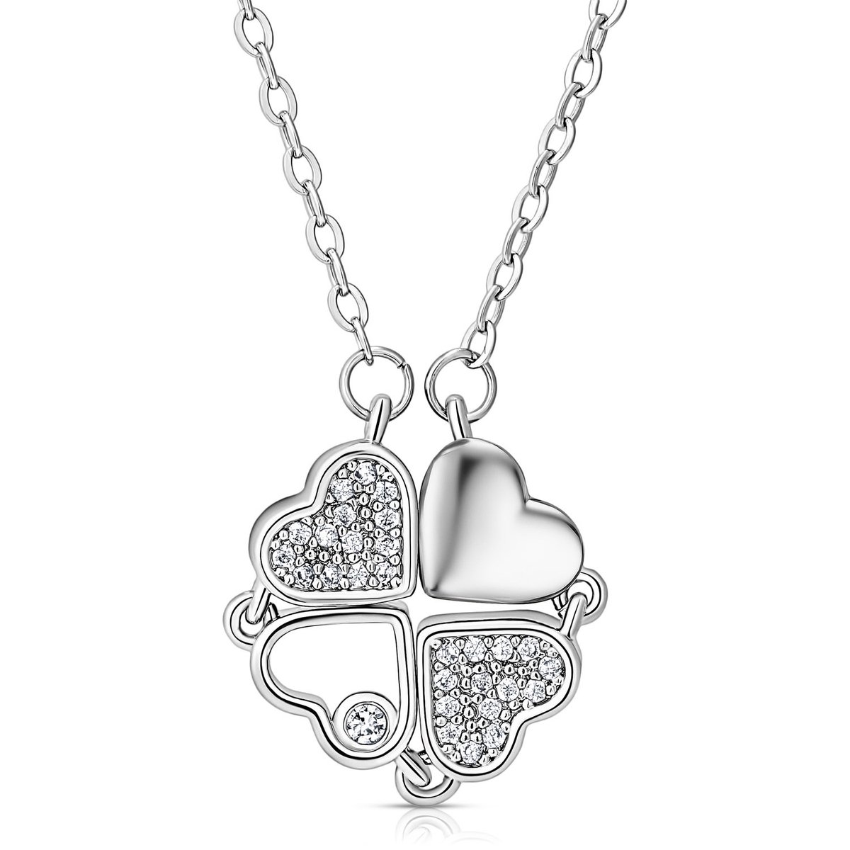 Juwelium Klavertje Vier Hartjes Ketting Verstelbaar 40 tot 45 cm met Zirkonia Kristallen in Luxe Sieradendoos met Rozen en Pluche Teddybeer van 22 cm met "I Love You" Tekst – Perfect Cadeau voor Vrouw, Vriendin, Moeder, Dochter