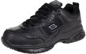Zwarte Skechers werkschoen met veters, grijze S-logo op zijkant en verstevigde neus.