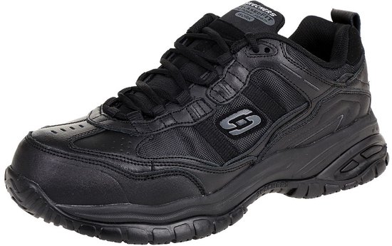 Zwarte Skechers werkschoen met veters, grijze S-logo op zijkant en verstevigde neus.