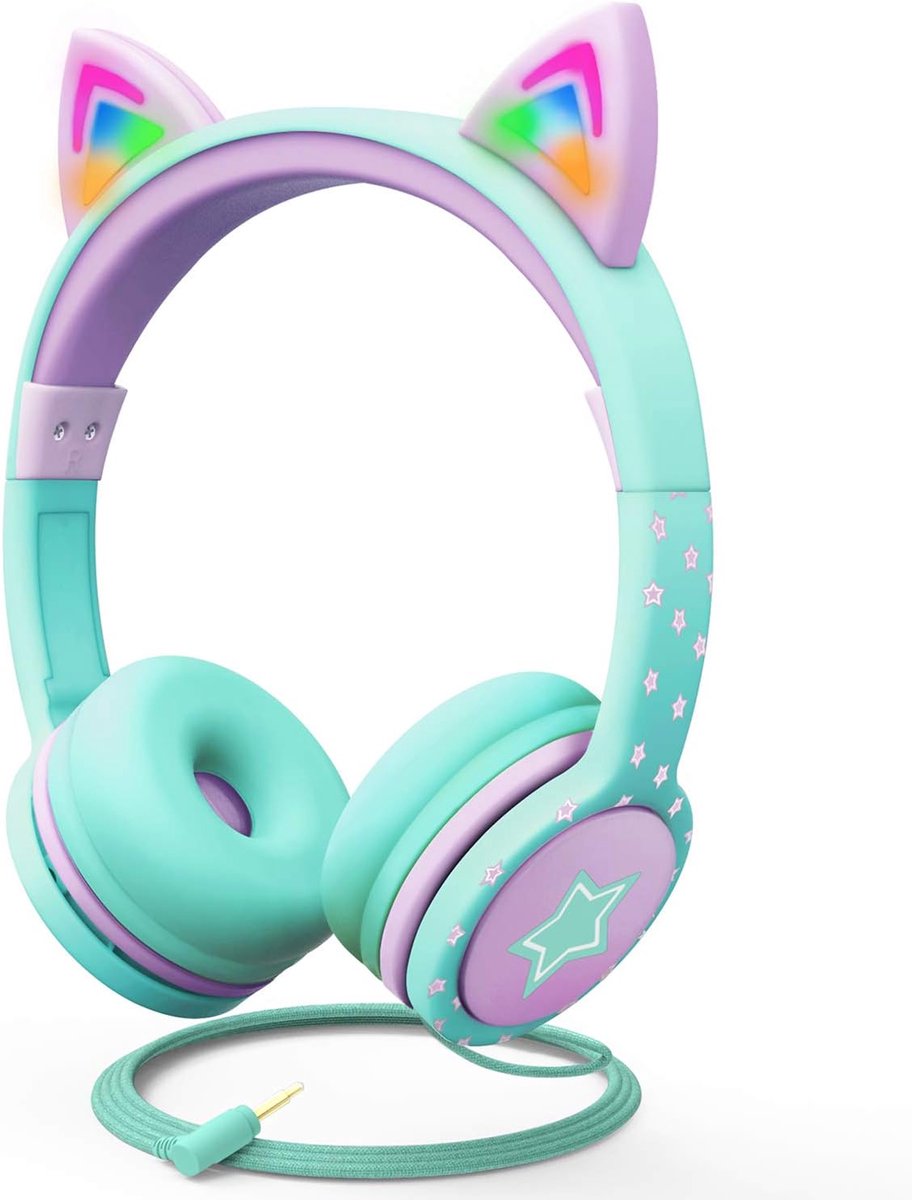 Hoofdtelefoon voor Kinderen met Kattenoren en LED Verlichting - Gevlochten Kabel - Kindvriendelijk Volume (85 dB) - Turkoois/Lichtpaars