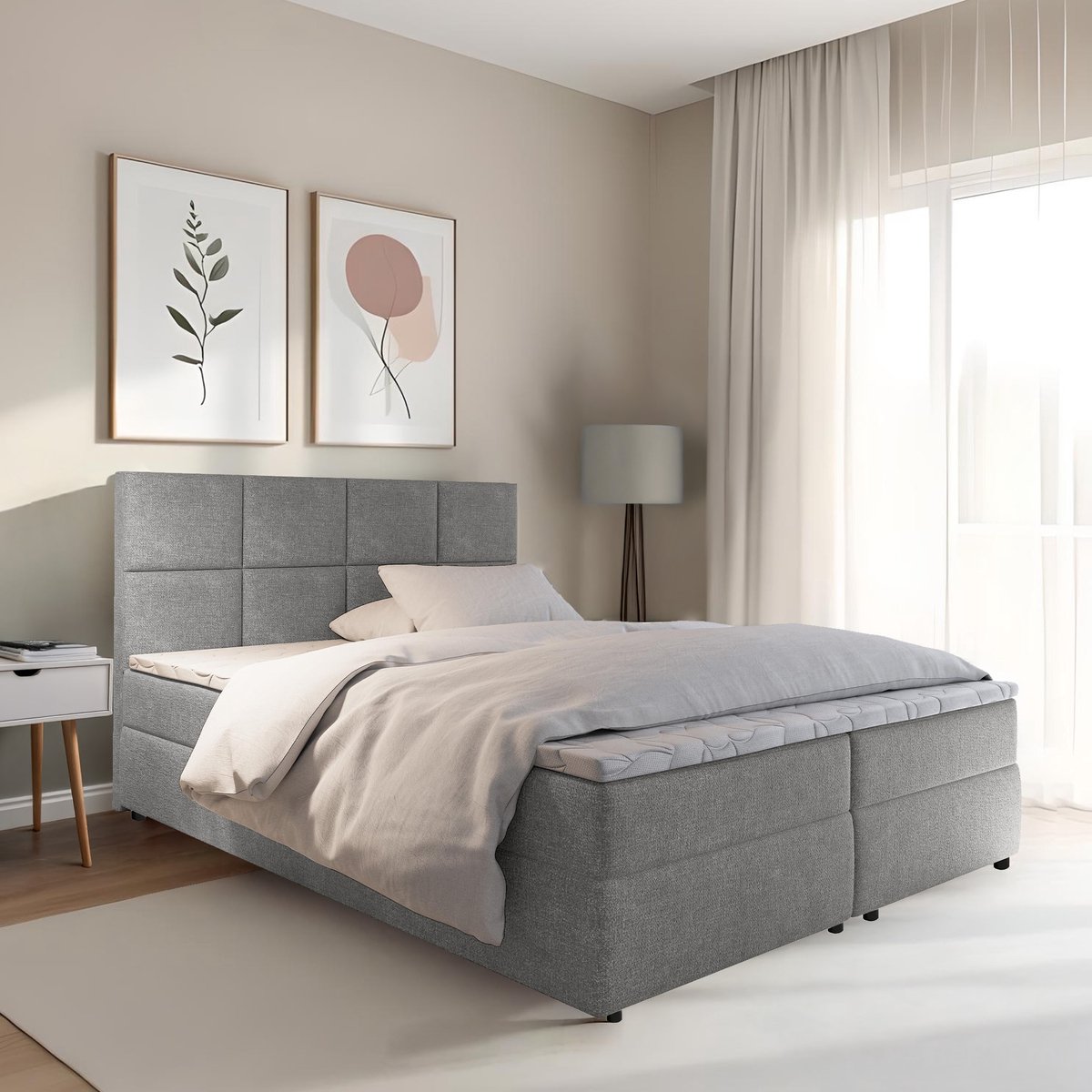 Boxspring met opbergruimte Sam - 180x200 cm - Grijs - Inclusief Topper - Bed met Opbergruimte - Opberg boxspring - Bonellvering tot 100 kg - Beddenbriljant