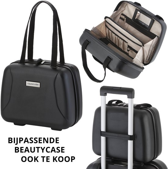 Zwarte beautycase met handvatten, rits en CarryOn logo. Binnenzijde met diverse vakken en spiegel. Ook te koop.