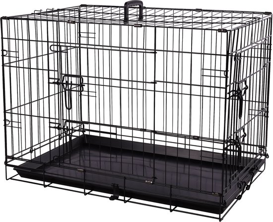 Cage noire en fil avec tiroir coulissant.