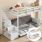 Learnlogic 90x200cm kinderen stapelbed, wit, multifunctioneel, met trapkast en 2 laden, onderste laag kan als bed of sofa worden gebruikt, bevat kussens, matras niet inbegrepen