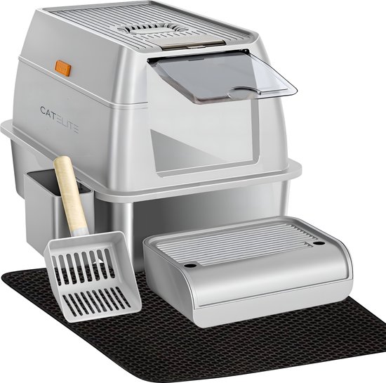 CatElite® - Premium Kattenbak RVS - Incl. Geurneutralisator - Incl. Kattenbakschep, Grit Opvanger & Uitloopmat - Voor Grote & Kleine Katten - 37L Inhoud Groot - Grijs