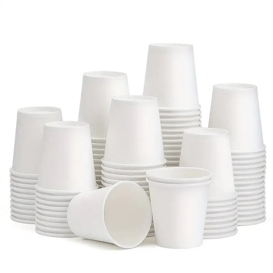 200 stuks Houten wegwerp bestek set bio/eco/milieubewust - 50 Vorken/ 50 messen/ 50 kartonnen borden 23cm + 50 kartonnen bekers 240ml in wit Feest/verjaardag/BBQ van Merkloos — afbeelding 3