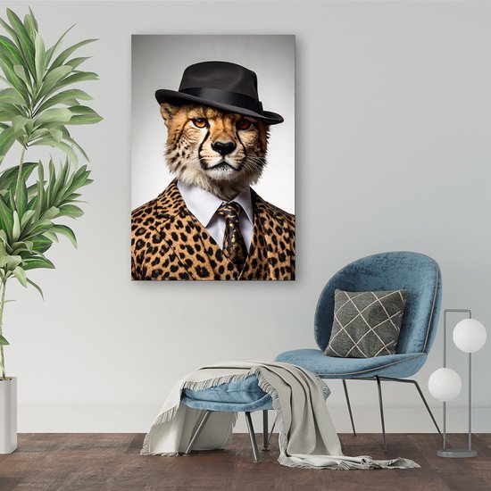 Guépard en costume élégant et chapeau - Portrait de guépard - Peintures sur toile animaux - Surréalisme - Décoration d'intérieur - Décoration de salon - toile 40x60 cm