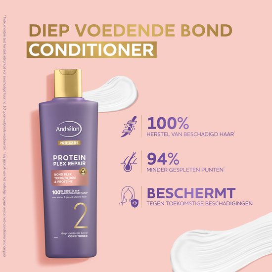 Paarse fles Andrélon Pro-Care Conditioner, met gouden dop. Tekst: '100% herstel van beschadigd haar'.