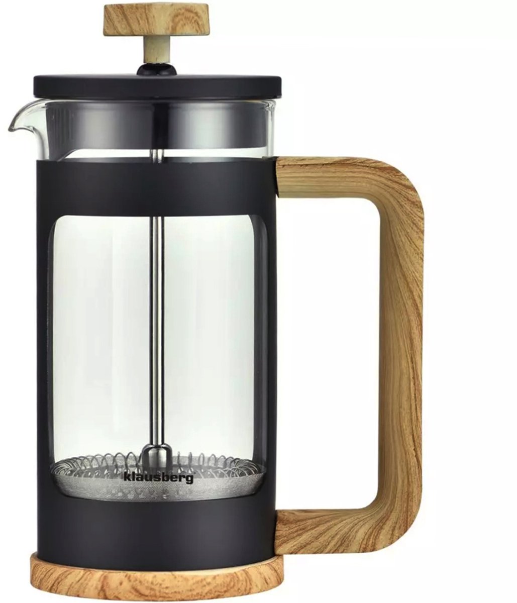 KLAUSBERG French Press 350 ml - Zwarte Cafetière met Houtlook - Glazen Koffiezetter voor Koffie en Thee - Roestvrijstalen Filter - Model KB-7679