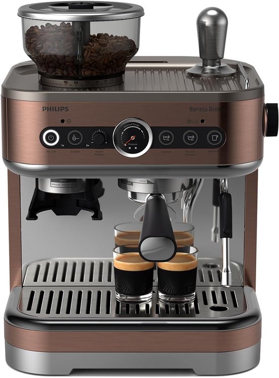Philips Barista Brew espressomachine in koperkleur met ingebouwde molen en twee espresso's.