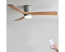 Plafondventilator met Verlichting - 52'' (132 cm) - Grijs + Hout - Plafondlamp met Ventilator - Ideaal voor Lage Plafonds