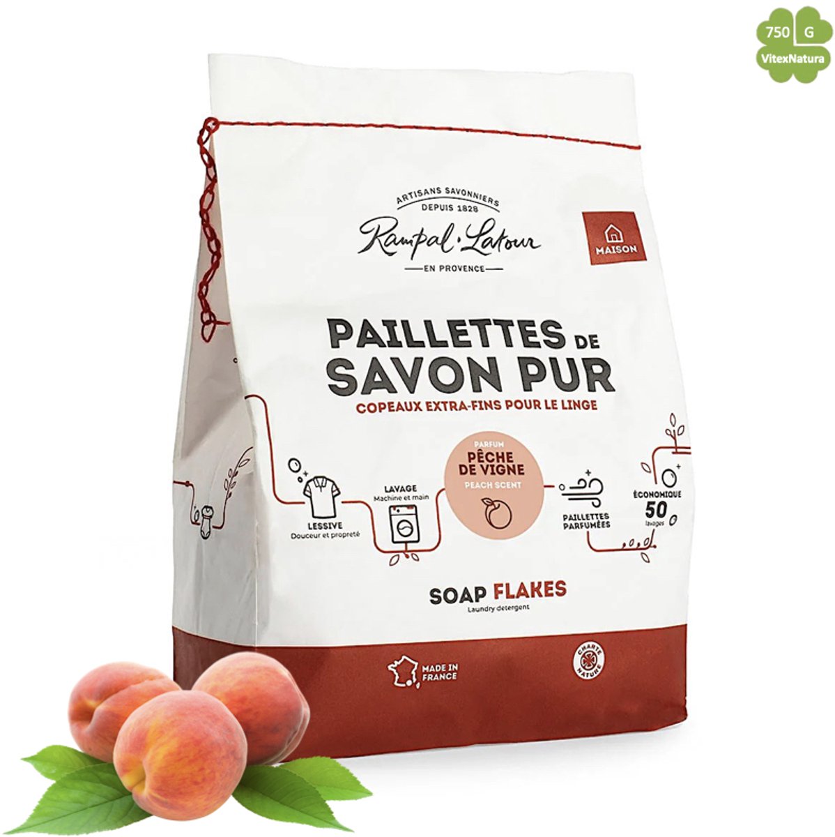 Marseille zeepvlokken perziken geur 750 g | Rampal Latour | Zuinig Ecologisch Milieuvriendelijk Hypoallergeen | Zonder conserveermiddel | gratis hypoallergeen zeepje