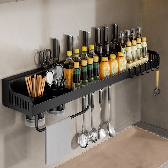 Étagère à épices CHIWIN - Étagère de cuisine murale sans Embouts - Étagère à épices en acier inoxydable Zwart de 60 cm avec 10 Crochet, porte-couteaux et Bestekbak - Organiseur de Cuisine multifonctionnel pour mur ou réfrigérateur