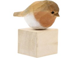 Miniatuur houten vogelbeeld blauw en geel - Handgesneden houten vogel sculptuur voor desktop ornament