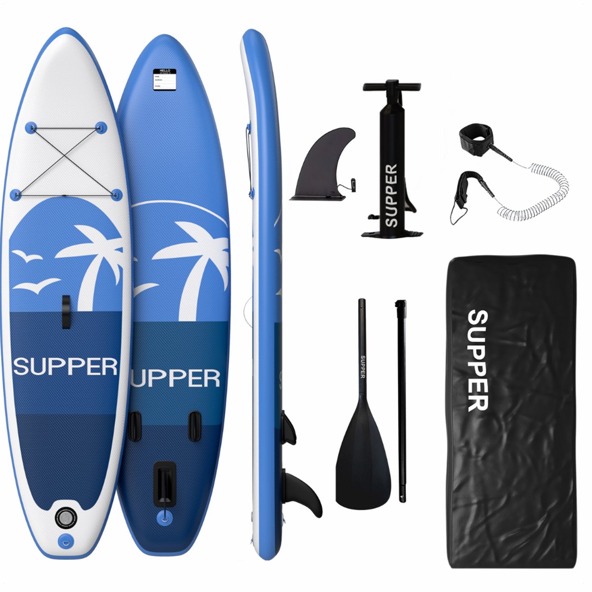 Supper Sup Board - Max. 120KG - Opblaasbaar – Paddle Board – Verstelbare Peddel – Pomp – Vin – Leash – Draagtas – 285 x 76 cm - Blauw