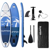 Supper Sup Board - Max. 120KG - Opblaasbaar – Paddle Board – Verstelbare Peddel – Pomp – Vin – Leash – Draagtas – 285 x 76 cm - Blauw