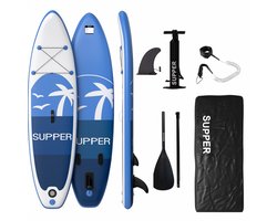 Supper Sup Board - Max. 120KG - Opblaasbaar – Paddle Board – Verstelbare Peddel – Pomp – Vin – Leash – Draagtas – 285 x 76 cm - Blauw