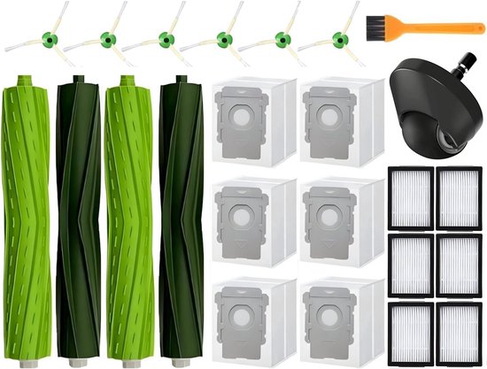 Een set robotstofzuigeronderdelen: groene en donkergroene rollen, witte stofzakken, zwarte filters, gele borstel, grijze opvangbak.
