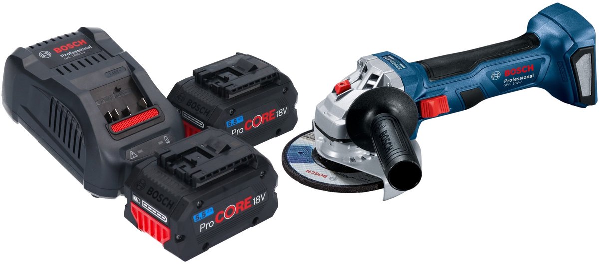 Bosch GWS 18V-7 Professionele accu haakse slijper 18 V 115 mm borstelloos + 2x ProCORE accu 5,5 Ah + lader