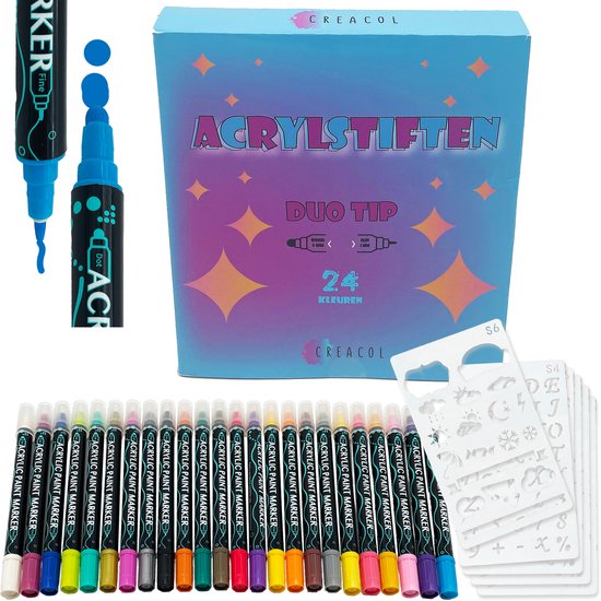 Marqueurs acryliques CREACOL 24 pièces - Dual pointe - Marqueurs de peinture - Ensemble de dessin - Marqueurs Happy Stones - Modèles inclus