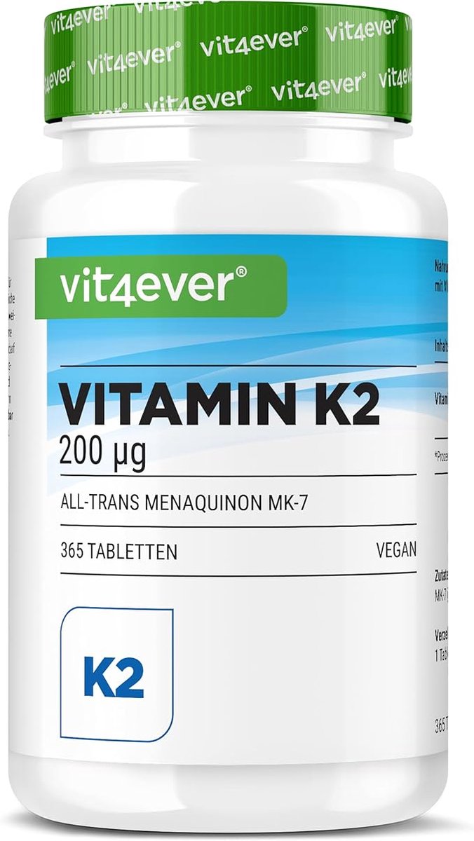 Goedkoopste Vitamine K2 - 365 tabletten - Hoogwaardige grondstof Echte K2 met 99,7 All Trans MK7 (K2VITAL® by Kappa) - Hooggedoseerd - Veganistisch - Vit4ever