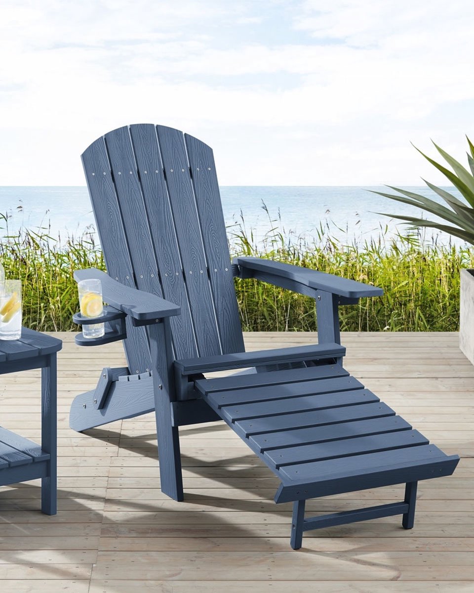 Tuinstoel Adirondack Stoel Arizona- Blauw - Met Voetenbankje - Houtlook - Hoogwaardig Kunststof
