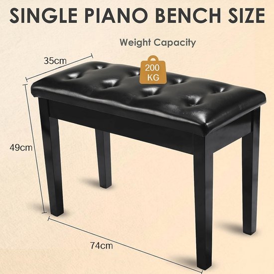 HOMCOM Pianobank met verstelbare hoogte en verborgen opbergruimte, pianobank met leren kussen, zwart, 63 x 35 x 46-56 cm