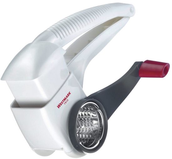 Witte Westmark trommelrasp 'Trio' met grijze en rode handgreep, roestvrijstalen trommel.