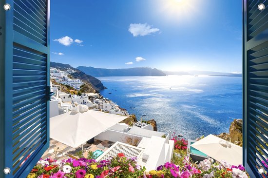Tuinposter Grieks Uitzicht op Zee – 120x80 cm – Doorkijkposter met Raam – UV-bestendig Biosnyl Spandoek – VGD-sign