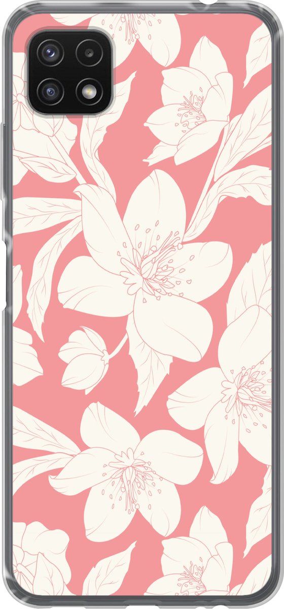 Telefoonhoesje Geschikt voor Samsung Galaxy A22 5G hoesje - Bloemen - Patroon - Roze - Wit - Siliconen Telefoonhoesje Telefoonhoesje