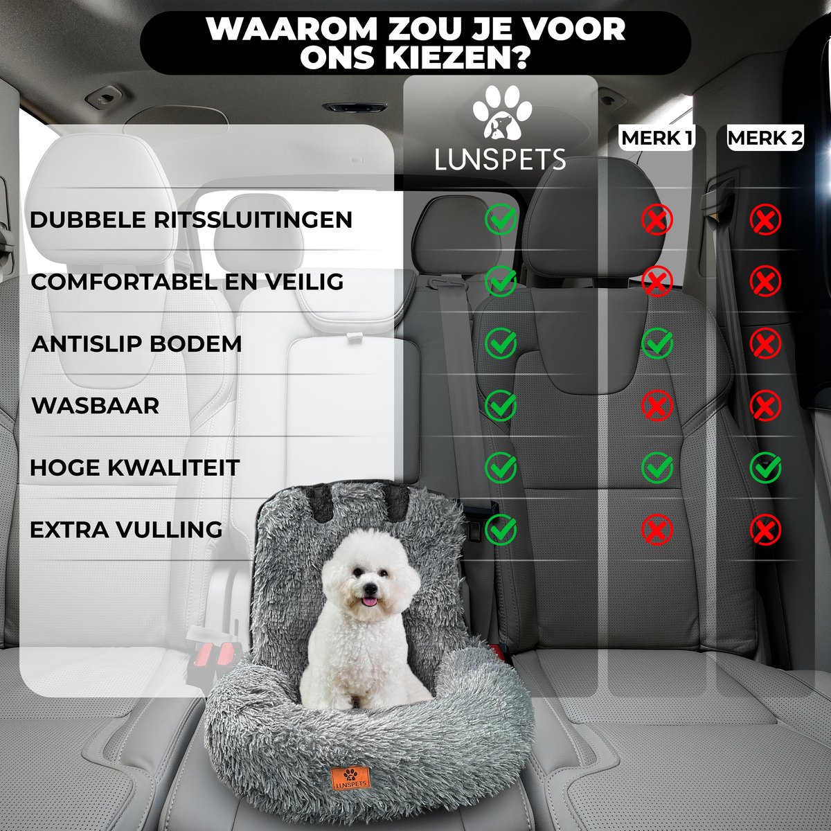 Lunspets - Hondenmand Auto - Autostoel Hond - Automand Hond - Zacht - Wasbaar - Donkergrijs – foto 7