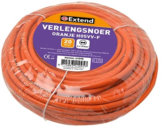VB Verlengsnoer 20 meter – H05VV-F – 2×1.5mm² – Zonder randaarde – Oranje