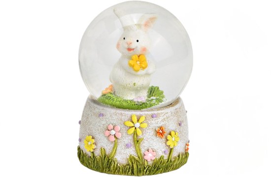 Boule à neige shake globe lapin blanc dans l'herbe avec fleurs - 6x4x4cm sur socle décoré de fleurs - Pasen - Décoration de Pâques - Lapin de Pâques