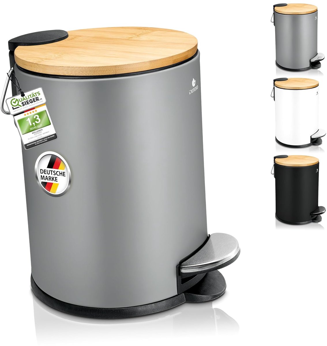 Grijze Badkamer Accessoires - Kleine Badkamerafvalbak Grijs 3 Liter - Cosmetica Bamboe Antislip - RVS Pedaalemmer - Met Soft-Close Deksel - Vuilnisbak met 3L