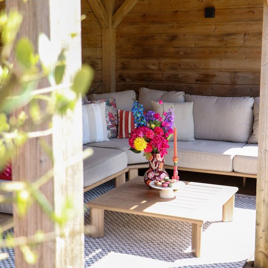 AXI Avery Salon de Jardin, angle, table basse, aspect bois, beige – Salon de jardin avec table - Structure en aluminium thermolaqué - 5 personnes